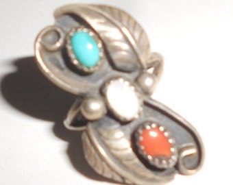 Bisbee Turquoise Statement Ring Mother Of Pearl & Coral Navajo Signed Sterling Silver Dead Pawn 60s Hippie Style Vintage Native American