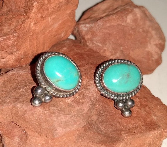 Royston Turquoise Stud Earrings Navajo Triple Dro… - image 1