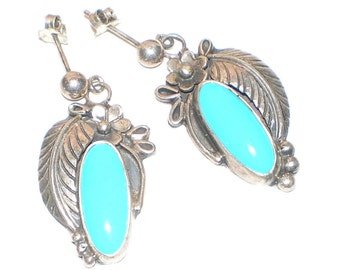 Turquoise Squash Blossom Drop Earrings Sterling Silver "Royston" MIned Vintage -Large Pierced Post Dangles