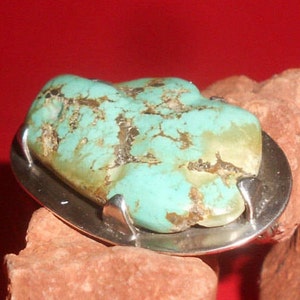 Cerrillos Turquoise Nugget Sterling Mounted Brooch Pin Vintage Navajo Gemstone Unisex Jewelry