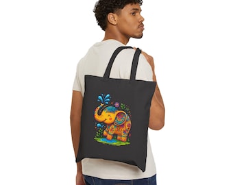Colorful Elephant Cotton Canvas Tote Bag: Eco-Friendly Reusable Shopping Bag