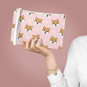 Shiba Inu Clutch Bag, Cute Dog Print Wristlet Purse, Kawaii Shiba Dog Pouch, Pink Dog Lover Gift, Small Zipper Bag with Strap