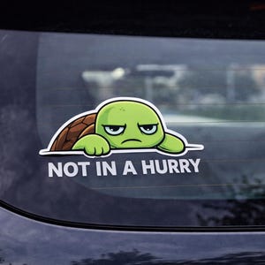 May include: A car decal featuring a cartoon turtle with a grumpy expression. The turtle is green with a brown shell and the text "NOT IN A HURRY" in white. The decal is applied to a car window.