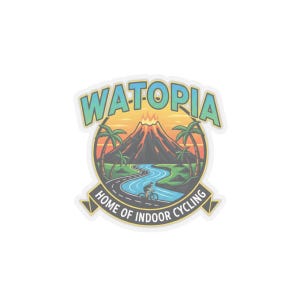 May include: A sticker with the text "WATOPLA" in a green and blue font, with a volcano, palm trees, and a cyclist on a road. The text "HOME OF INDOOR CYCLING" is also included in the design.