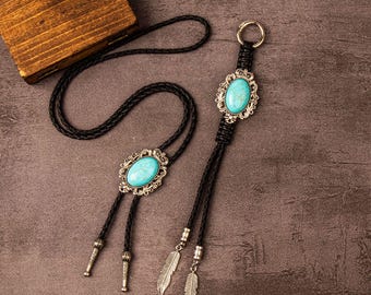 Turquoise Style Bolo Tie Necklace and Keychain Set, Western Boho Pendant Accessory