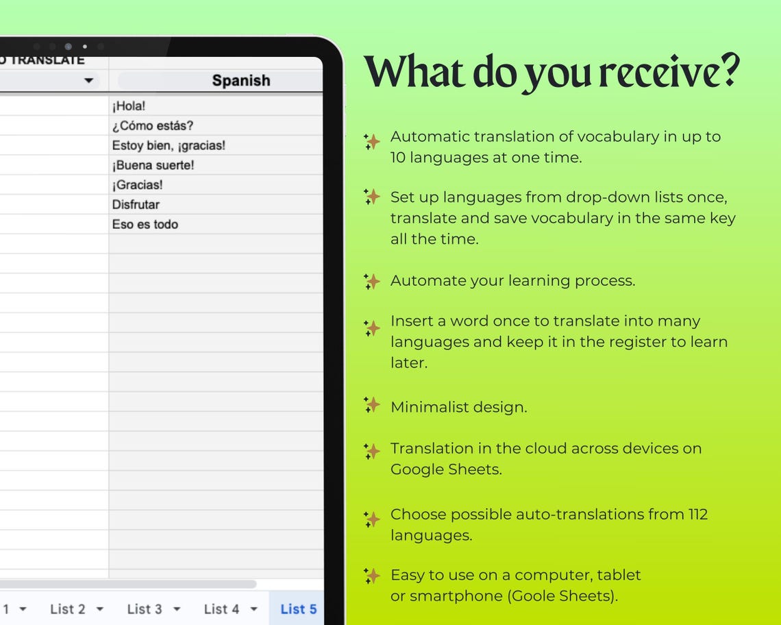 Automatic, Multilingual Vocabulary Translation List (sheet) - Etsy