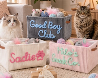Pet Toy Basket | Cat Accessories Pet Toy Storage | Cat Lover Gifts Personalized Basket | Custom Name Pet Accessories | Embroidered Basket