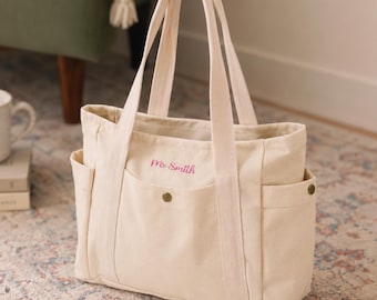 Custom Embroidered Canvas Tote Bag, Daily Work Commute Bag, Personalized Book Tote Bag, Everyday Student Carry Bag