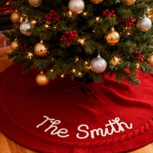Custom Knitted Christmas Tree Skirt, Personalized Family Name Holiday Decor, Baby First Xmas Gift, Cozy Christmas Decoration