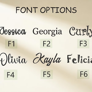 K&ouml;nnte beinhalten: Eine &Uuml;bersicht mit dem Titel FONT OPTIONS, die sechs verschiedene schwarze Schriftstile zeigt, die von F1 bis F6 beschriftet sind. Die Namen Jessica, Georgia, Curly, Olivia, Kayla und Felicia sind in verschiedenen Schreib-, Serif- und Zierschriften dargestellt.