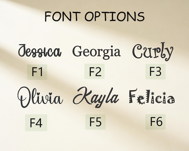 K&ouml;nnte beinhalten: Eine &Uuml;bersicht mit dem Titel FONT OPTIONS, die sechs verschiedene schwarze Schriftstile zeigt, die von F1 bis F6 beschriftet sind. Die Namen Jessica, Georgia, Curly, Olivia, Kayla und Felicia sind in verschiedenen Schreib-, Serif- und Zierschriften dargestellt.