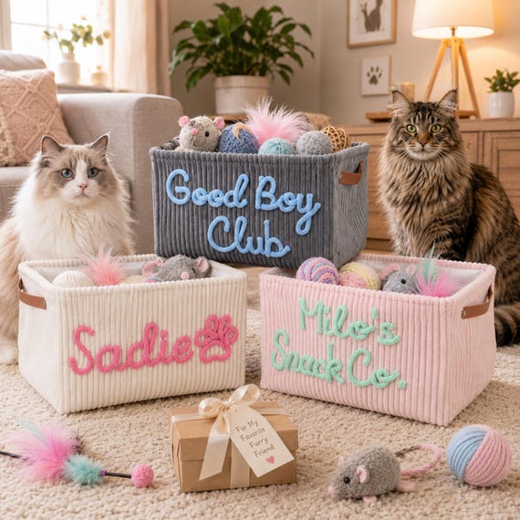 Pet Toy Basket | Cat Accessories Pet Toy Storage | Cat Lover Gifts Personalized Basket | Custom Name Pet Accessories | Embroidered Basket