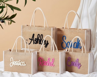 Personalisierte Brautparty Tragetaschen, Monogramm Bachelorette Wochenendtasche, Eco Jute Hochzeitsgeschenk für Brautjungfern, wiederverwendbare Geschenktasche Idee