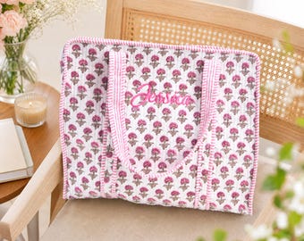 Personalized Handmade Quilted Travel Tote Bag | Retirement Gift for Women | Monogrammed Spacious Book Tote | Retirement Travel Keepsake Gift