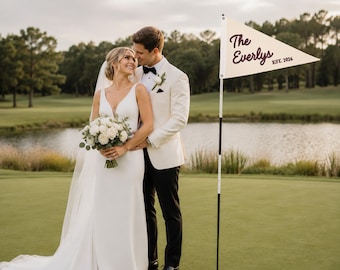 Custom Last Name Triangle Golf Pennant | Country Club Wedding Flag | Hand embroided Last Name pennant | Guest Book Display