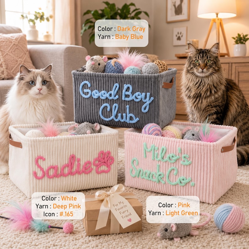 Pet Toy Basket | Cat Accessories Pet Toy Storage | Cat Lover Gifts Personalized Basket | Custom Name Pet Accessories | Embroidered Basket image 2