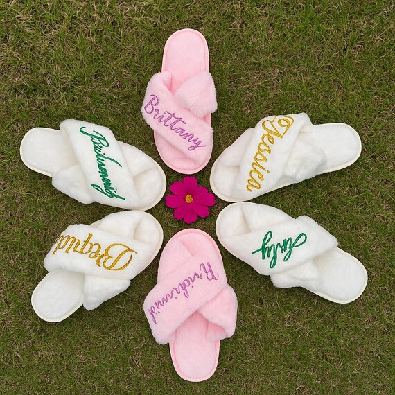 Personalized Embroidered Fluffy Slippers, Custom Bride