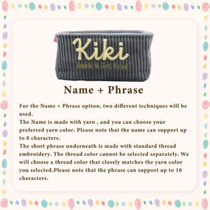May include: A rectangular grey corduroy storage basket featuring the embroidered name Kiki in large yellow yarn lettering, with the phrase Snack & Toy Fund stitched in smaller yellow thread underneath on the front side of the fabric container.