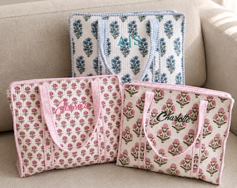 Monogrammed Quilted Beach Tote Bag | Girls Trip Travel Gift | Stitched Large Weekender Travel Tote | Retirement Travel Gift for Women