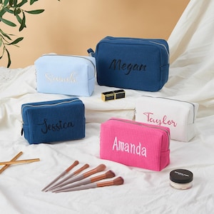 Embroidered Waffle Cosmetic Bag, Personalized Custom Name Makeup Bag, Monogram Makeup Bag, Perfect for Bridal Parties & Bachelorettes