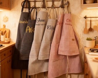 Personalized Embroidered Apron for Adult and Child, Custom Cooking, BBQ, and Kitchen Apron with Pockets – Perfect Hostess and Unique Gift