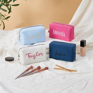 Personalized Waffle Travel Cosmetic Bag, Embroidered Toiletry Bag, Custom Name Bridal Party Gift, Bridesmaid Gift, Eco-Friendly Makeup Bag