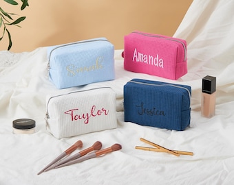 Personalisierte Waffel Reisekosmetiktasche, bestickter Kulturbeutel, Geschenk für die Braut, Brautjungfer Geschenk, umweltfreundliche Make-up Tasche