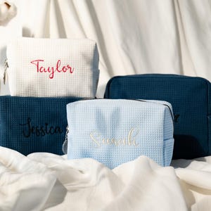 Personalized Waffle Travel Cosmetic Bag, Embroidered Toiletry Bag, Custom Name Bridal Party Gift, Bridesmaid Gift, Eco-Friendly Makeup Bag