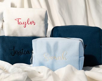 Personalized Waffle Travel Cosmetic Bag, Embroidered Toiletry Bag, Custom Name Bridal Party Gift, Bridesmaid Gift, Eco-Friendly Makeup Bag