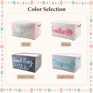 May include: Four rectangular corduroy storage baskets with brown side handles. The pink basket reads Milo's Snack Co., the white basket reads Sadie with a paw print, the dark gray basket reads Good Boy Club, and the light gray basket reads Cooper.
