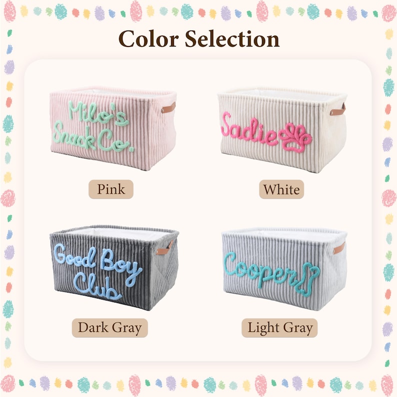 May include: Four rectangular corduroy storage baskets with brown side handles. The pink basket reads Milo's Snack Co., the white basket reads Sadie with a paw print, the dark gray basket reads Good Boy Club, and the light gray basket reads Cooper.
