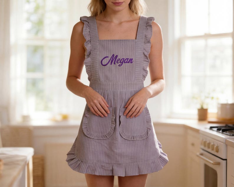 K&ouml;nnte beinhalten: Eine hellviolette Sch&uuml;rze mit d&uuml;nnen wei&szlig;en vertikalen Streifen, breiten ger&uuml;schten Schultertr&auml;gern, einem eckigen Ausschnitt und zwei Vordertaschen mit ger&uuml;schten R&auml;ndern. Der Name Megan ist in violetter Schreibschrift auf der Brust gestickt.