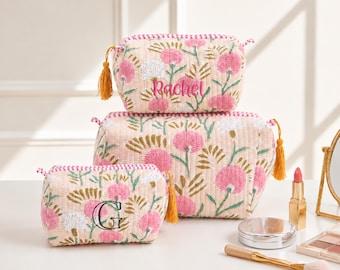 Custom Embroidered Quilted Makeup Pouch | Bridal Party Gift | Monogram Printed Cosmetic Bag | Bachelorette Bridal Shower Favor