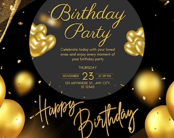 Plantilla de invitación de cumpleaños en negro y dorado / Invitación elegante y editable para fiestas de adultos / Diseño de lujo en Canva