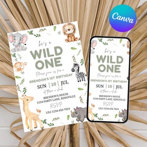 Invitación de cumpleaños de Wild One Safari: Animales de la jungla, plantilla editable de Canva (descarga digital)