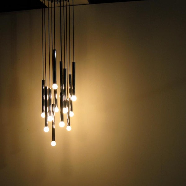 1960-70s Large Cascading Chrome Tubular Chandelier Italian Style