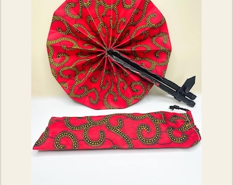 Abanico de mano africano de cera con estuche, abanico plegable, regalo para ella, hecho a mano.