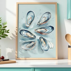 Coastal Mussel Wall Art - Coastal Beach House Kitchen Decor, Digital Download, Nautical Sea Print, Minimalist Seafood Art, Beachy Wall Art