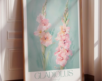 Arte murale regalo di fiori di nascita di agosto - Gladiolo acquerello download digitale, bellissima arte floreale, regalo di compleanno, regali per lei