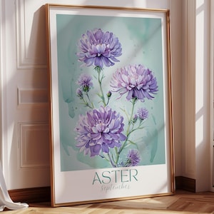 September Birth Flower Gift Wall Art - Aster Watercolor Digital Download, Beautiful Floral Art, Birthday Gift, Gifts for her