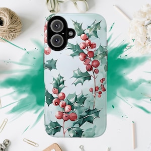 December Birth Flower Phone Case - Holly Watercolor Design, Red Berry Botanical Art, Winter Floral Gift, Festive Phone Cover, Minimal Style
