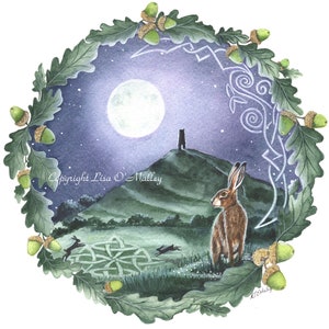 Print &quot;Oak Moon&quot; Hare Glastonbury Tor. Celtic