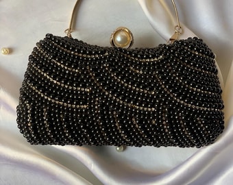 Handgefertigte Schwarze Kristall Perlen Clutch: Perlenverschluss Abendtasche