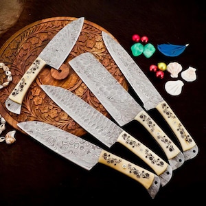 5 Pcs Handmade Damascus Steel Chef Knife Set | Cooking Knives | Kitchen Chef Knives | Elegant Chef Set | Christmas Gift | Wedding gift
