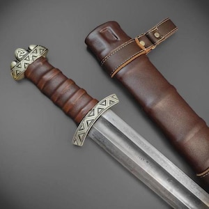 Handmade Damascus Steel Viking Sword Three-Lobed Sword Sword With Leather Sheath Gift For Him Birthday Gift