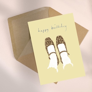 Sapatos de dança Mary Jane com estampa de leopardo e cartão de feliz aniversário