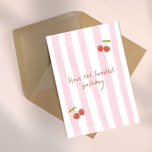 Cherry Sweetest Birthday - biglietto, per lei, carino, rosa, stravagante, ragazze, disegnato a mano