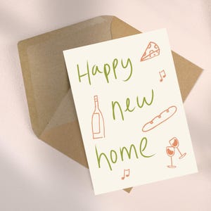 Feliz novo lar - cartão de felicitações em movimento vinho queijo moderno desenhado à mão