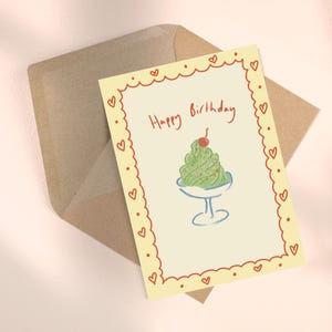 Carte d'anniversaire pour joyeux anniversaire, crème glacée, gâteau vintage, dessert, filles