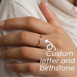 Personalized Initial Letter Ring with Birthstone Cristal | Adjustable Gold & Silver Monogram Open Ring | Dainty Custom Name Jewelry Gift